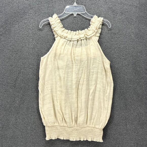 Mine Top Womens Small‎ Beige Ruffle Sleeveless Blouse semi sheer flower neck - Picture 2 of 14